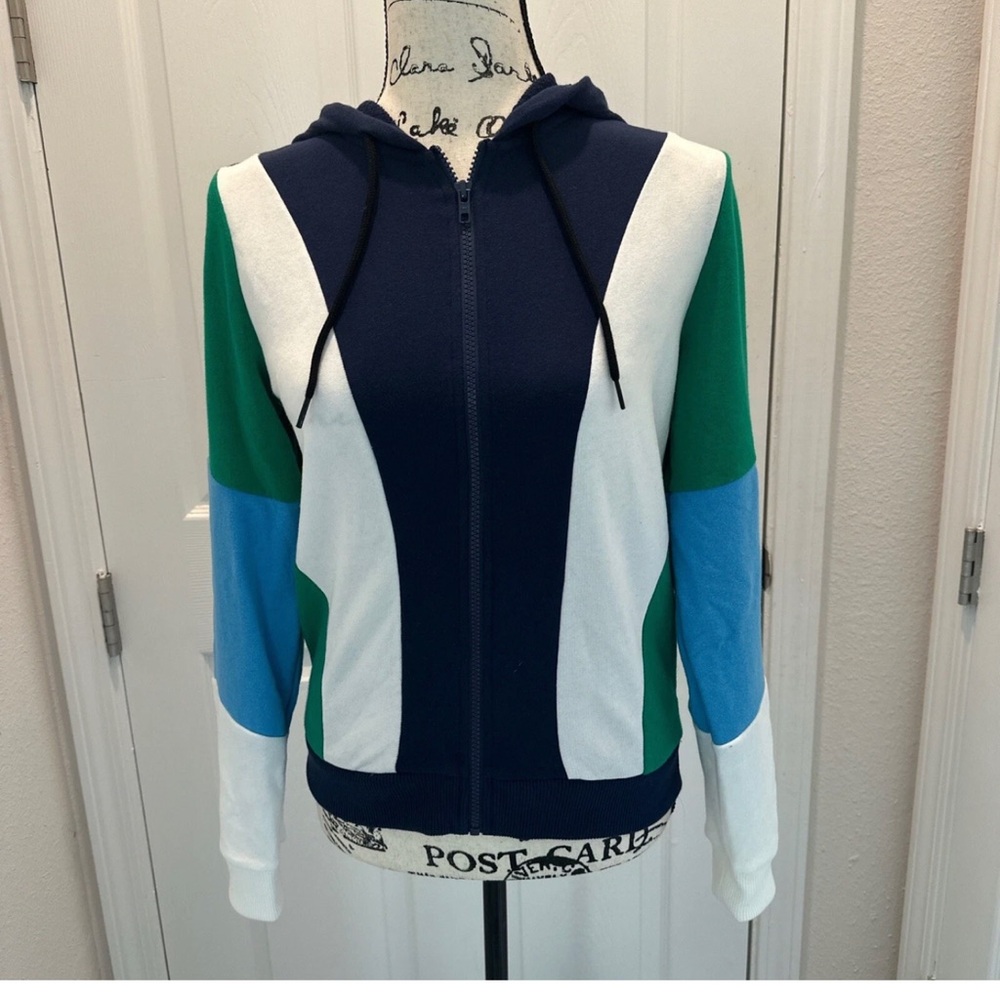 PINK Victoria’s Secret Colorblock Hooded Zip-Up Hoodie in Navy, Green & White